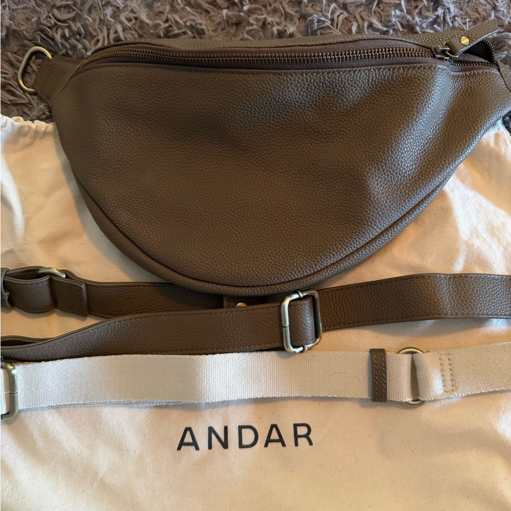 Taupe Pebbled Leather Crossbody Belt Bag